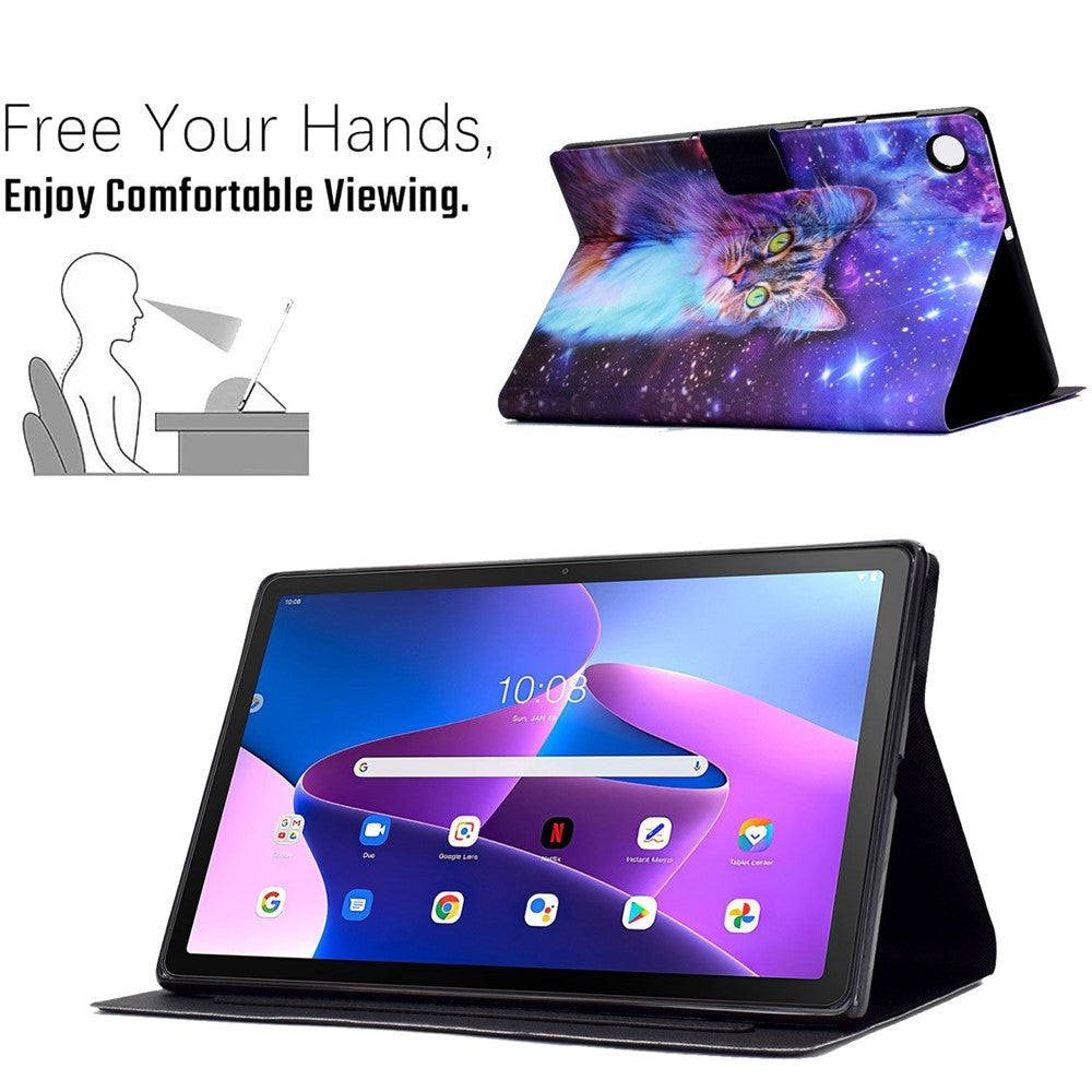PU Leather Tablet Case for Lenovo Tab M10 (Gen 3) TB-328FU / TB-328XU, Pattern Printing Card Holder Shockproof Cover with Adjustable Stand - Starry Sky / Cat