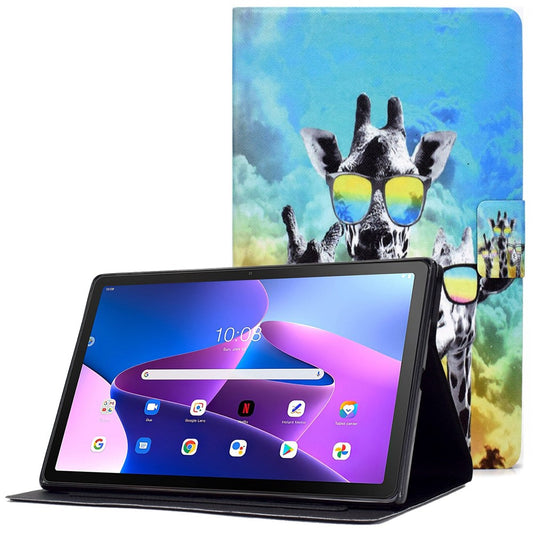 PU Leather Tablet Case for Lenovo Tab M10 (Gen 3) TB-328FU / TB-328XU, Pattern Printing Card Holder Shockproof Cover with Adjustable Stand - Giraffe with Glasses