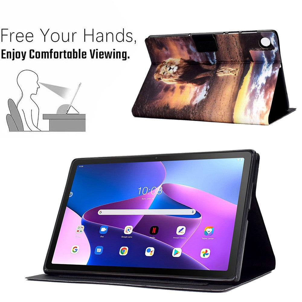 PU Leather Tablet Case for Lenovo Tab M10 (Gen 3) TB-328FU / TB-328XU, Pattern Printing Card Holder Shockproof Cover with Adjustable Stand - Leopard / Lion