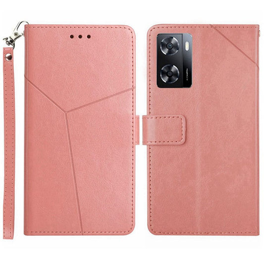Shockproof Phone Case For Oppo A57 4G / A57s 4G / A57 (2022) 5G / A77 5G / 4G / Realme Narzo 50 5G, HT01 Wallet Stand Imprinted Y-Shaped Lines PU Leather Cover with Strap - Pink