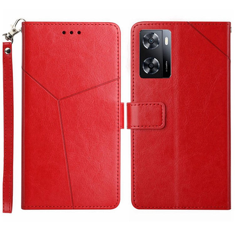 Shockproof Phone Case For Oppo A57 4G / A57s 4G / A57 (2022) 5G / A77 5G / 4G / Realme Narzo 50 5G, HT01 Wallet Stand Imprinted Y-Shaped Lines PU Leather Cover with Strap - Red