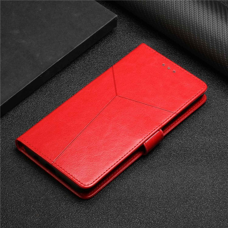 Shockproof Phone Case For Oppo A57 4G / A57s 4G / A57 (2022) 5G / A77 5G / 4G / Realme Narzo 50 5G, HT01 Wallet Stand Imprinted Y-Shaped Lines PU Leather Cover with Strap - Red