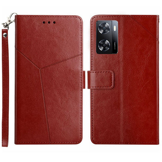 Shockproof Phone Case For Oppo A57 4G / A57s 4G / A57 (2022) 5G / A77 5G / 4G / Realme Narzo 50 5G, HT01 Wallet Stand Imprinted Y-Shaped Lines PU Leather Cover with Strap - Brown