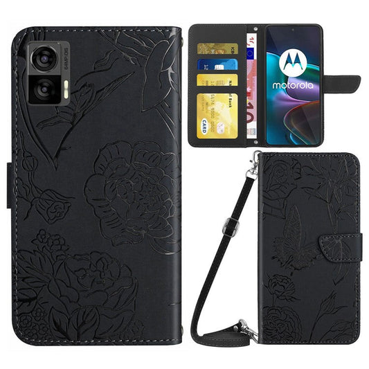 For Motorola Edge 30 Neo 5G Skin-touch PU Leather Stand Wallet Case Butterfly Flowers Imprinting Phone Cover with Shoulder Strap - Black