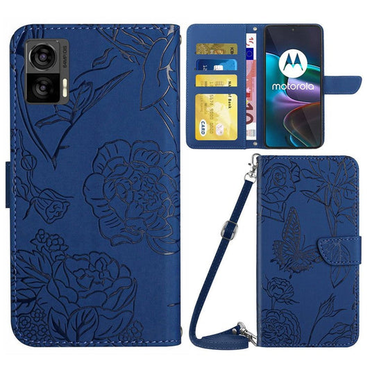 For Motorola Edge 30 Neo 5G Skin-touch PU Leather Stand Wallet Case Butterfly Flowers Imprinting Phone Cover with Shoulder Strap - Blue