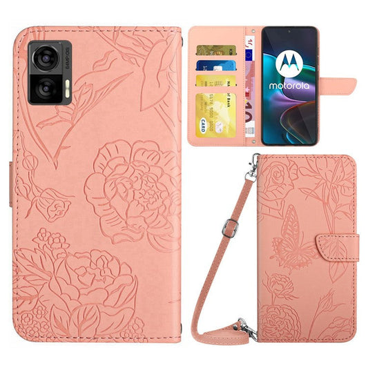 For Motorola Edge 30 Neo 5G Skin-touch PU Leather Stand Wallet Case Butterfly Flowers Imprinting Phone Cover with Shoulder Strap - Pink