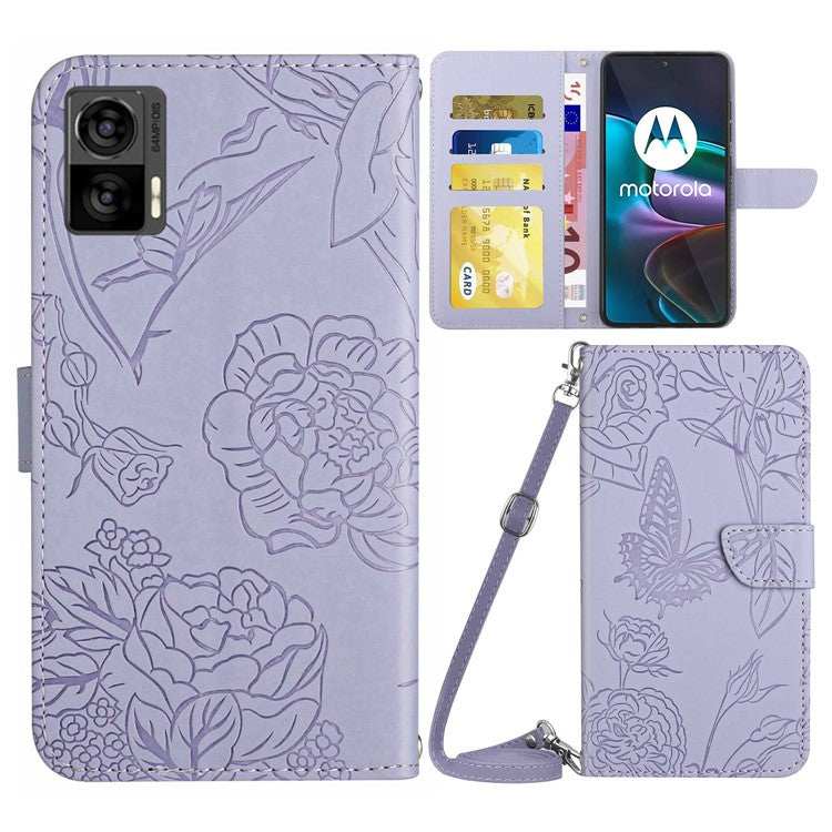 For Motorola Edge 30 Neo 5G Skin-touch PU Leather Stand Wallet Case Butterfly Flowers Imprinting Phone Cover with Shoulder Strap - Light Purple