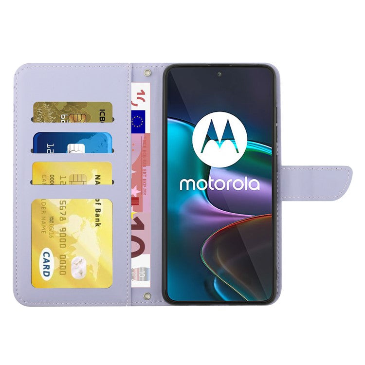 For Motorola Edge 30 Neo 5G Skin-touch PU Leather Stand Wallet Case Butterfly Flowers Imprinting Phone Cover with Shoulder Strap - Light Purple