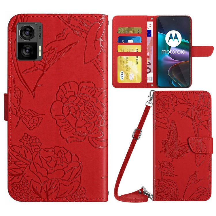 For Motorola Edge 30 Neo 5G Skin-touch PU Leather Stand Wallet Case Butterfly Flowers Imprinting Phone Cover with Shoulder Strap - Red