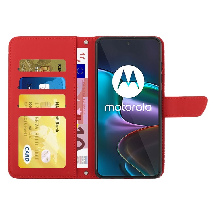 For Motorola Edge 30 Neo 5G Skin-touch PU Leather Stand Wallet Case Butterfly Flowers Imprinting Phone Cover with Shoulder Strap - Red