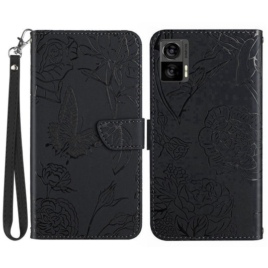 For Motorola Edge 30 Neo 5G PU Leather Skin-touch Butterfly Flowers Imprinting Magnetic Clasp Case Phone Wallet Stand Cover with Hand Strap - Black