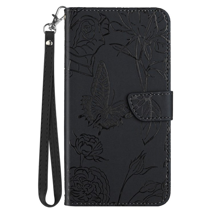 For Motorola Edge 30 Neo 5G PU Leather Skin-touch Butterfly Flowers Imprinting Magnetic Clasp Case Phone Wallet Stand Cover with Hand Strap - Black