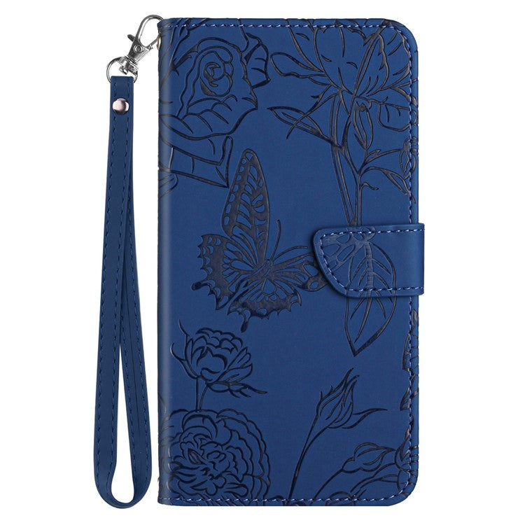 For Motorola Edge 30 Neo 5G PU Leather Skin-touch Butterfly Flowers Imprinting Magnetic Clasp Case Phone Wallet Stand Cover with Hand Strap - Blue
