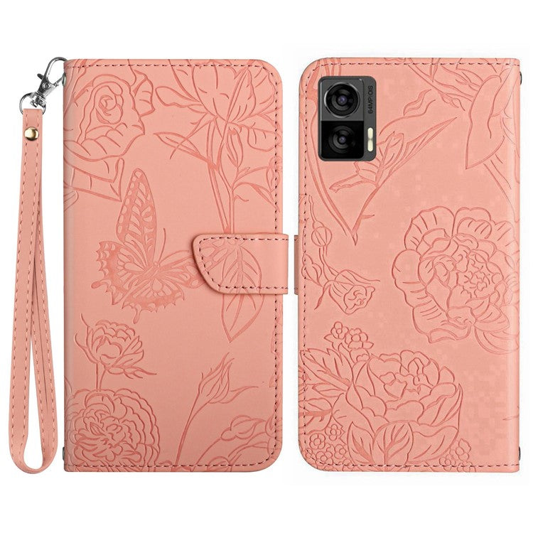 For Motorola Edge 30 Neo 5G PU Leather Skin-touch Butterfly Flowers Imprinting Magnetic Clasp Case Phone Wallet Stand Cover with Hand Strap - Pink