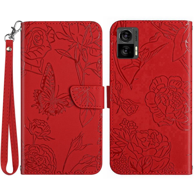 For Motorola Edge 30 Neo 5G PU Leather Skin-touch Butterfly Flowers Imprinting Magnetic Clasp Case Phone Wallet Stand Cover with Hand Strap - Red