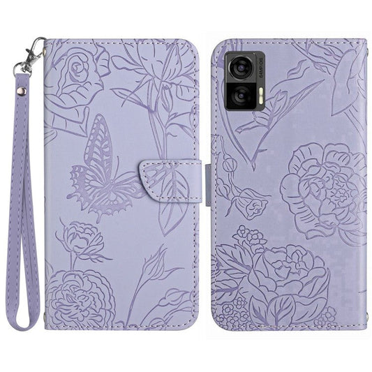 For Motorola Edge 30 Neo 5G PU Leather Skin-touch Butterfly Flowers Imprinting Magnetic Clasp Case Phone Wallet Stand Cover with Hand Strap - Light Purple