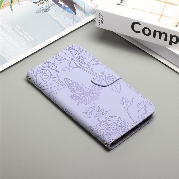 For Motorola Edge 30 Neo 5G PU Leather Skin-touch Butterfly Flowers Imprinting Magnetic Clasp Case Phone Wallet Stand Cover with Hand Strap - Light Purple