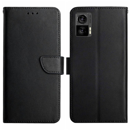 HT02 For Motorola Edge 30 Neo 5G Nappa Texture Genuine Leather Protective Case Wallet Stand Full Protection Phone Cover - Black