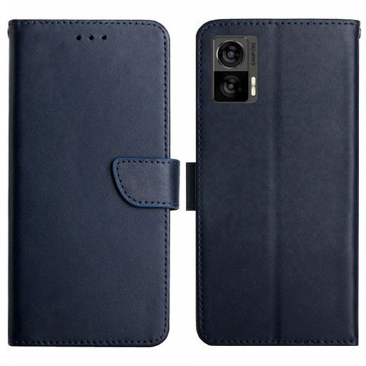 HT02 For Motorola Edge 30 Neo 5G Nappa Texture Genuine Leather Protective Case Wallet Stand Full Protection Phone Cover - Blue