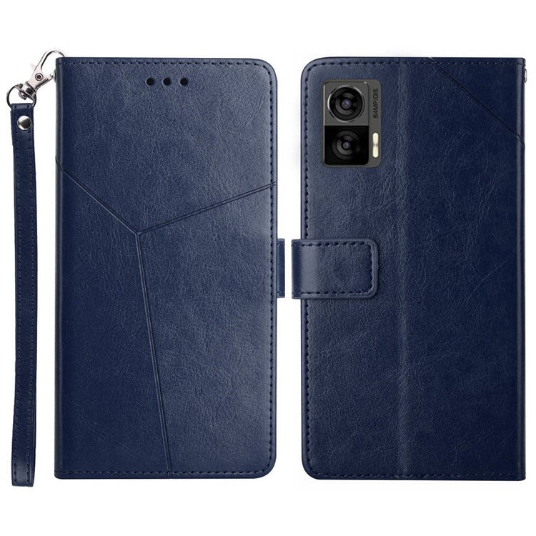 For Motorola Edge 30 Neo 5G PU Leather Phone Case Imprinted Y-Shaped Lines Wallet Magnetic Clasp Stand Cover - Blue