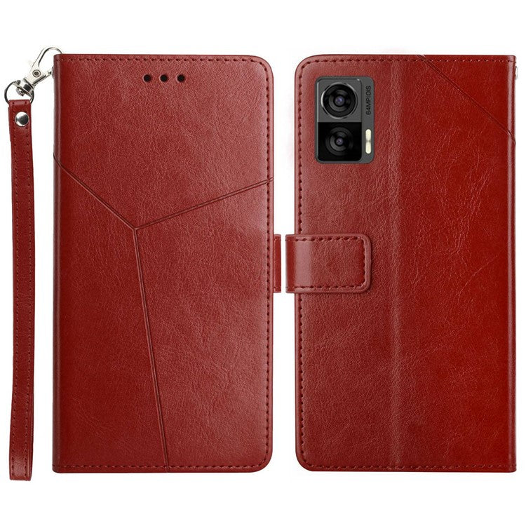 For Motorola Edge 30 Neo 5G PU Leather Phone Case Imprinted Y-Shaped Lines Wallet Magnetic Clasp Stand Cover - Brown