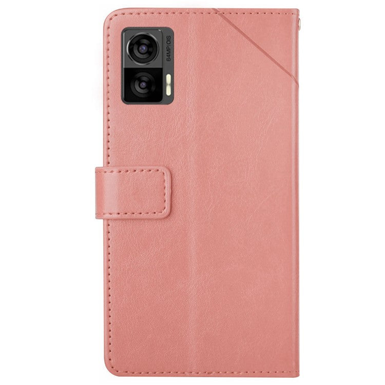 For Motorola Edge 30 Neo 5G PU Leather Phone Case Imprinted Y-Shaped Lines Wallet Magnetic Clasp Stand Cover - Pink