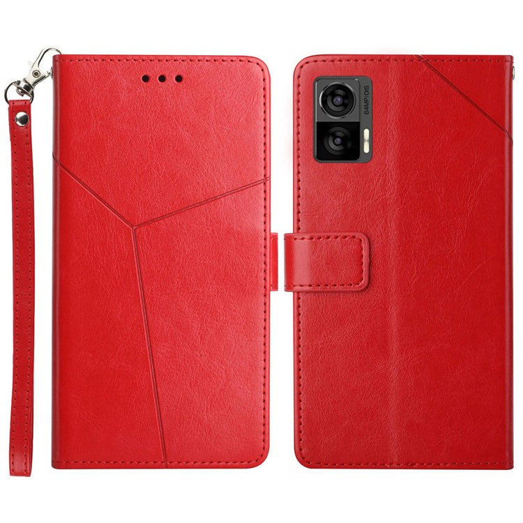 For Motorola Edge 30 Neo 5G PU Leather Phone Case Imprinted Y-Shaped Lines Wallet Magnetic Clasp Stand Cover - Red