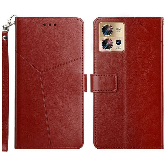 HT01 Phone Case for Motorola Edge 30 Fusion 5G, Imprinted Y-Shaped Lines PU Leather Wallet Phone Stand Cover with Strap - Brown