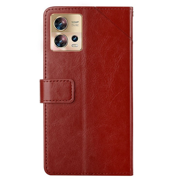 HT01 Phone Case for Motorola Edge 30 Fusion 5G, Imprinted Y-Shaped Lines PU Leather Wallet Phone Stand Cover with Strap - Brown