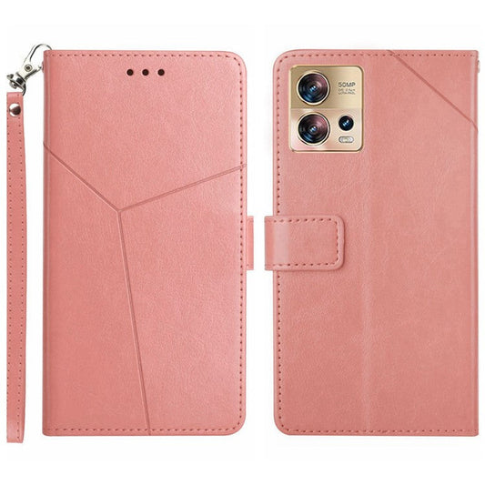 HT01 Phone Case for Motorola Edge 30 Fusion 5G, Imprinted Y-Shaped Lines PU Leather Wallet Phone Stand Cover with Strap - Pink