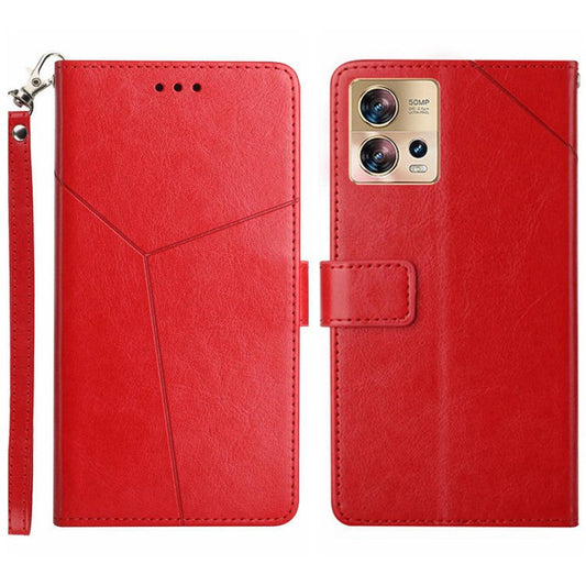 HT01 Phone Case for Motorola Edge 30 Fusion 5G, Imprinted Y-Shaped Lines PU Leather Wallet Phone Stand Cover with Strap - Red