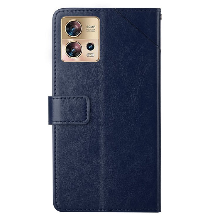 HT01 Phone Case for Motorola Edge 30 Fusion 5G, Imprinted Y-Shaped Lines PU Leather Wallet Phone Stand Cover with Strap - Blue