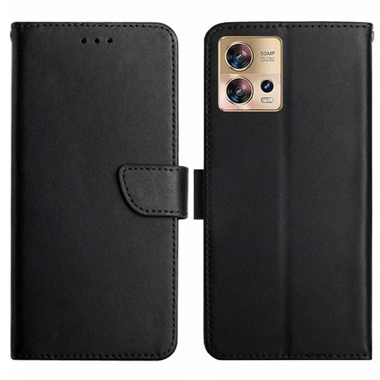 For Motorola Edge 30 Fusion 5G HT02 Nappa Texture Genuine Leather Wallet Case Stand Magnetic Closure Solid Color Cover - Black