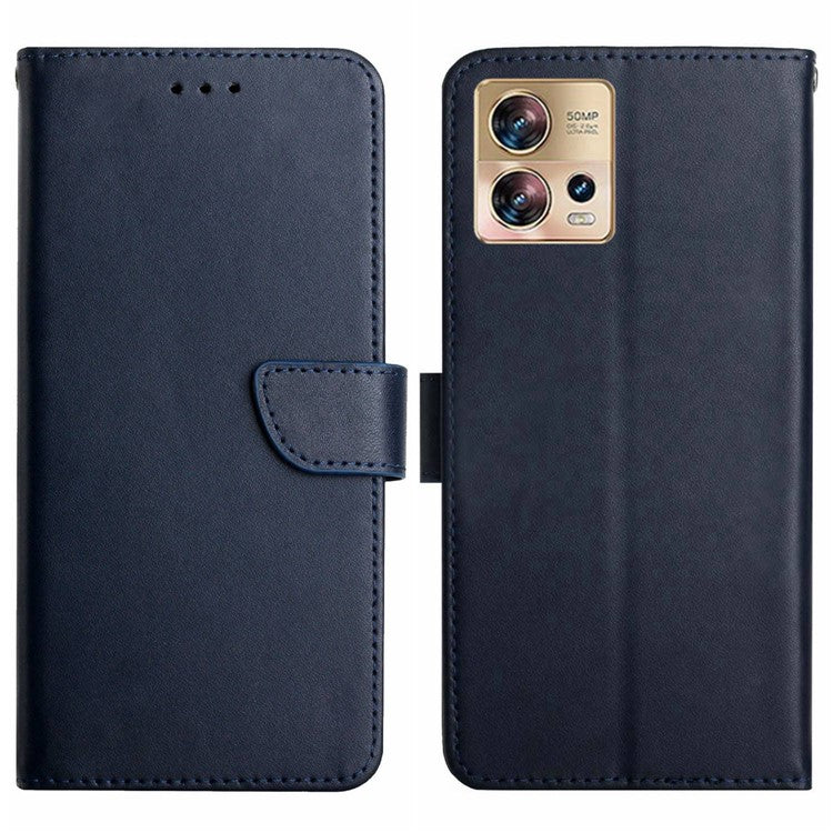 For Motorola Edge 30 Fusion 5G HT02 Nappa Texture Genuine Leather Wallet Case Stand Magnetic Closure Solid Color Cover - Blue