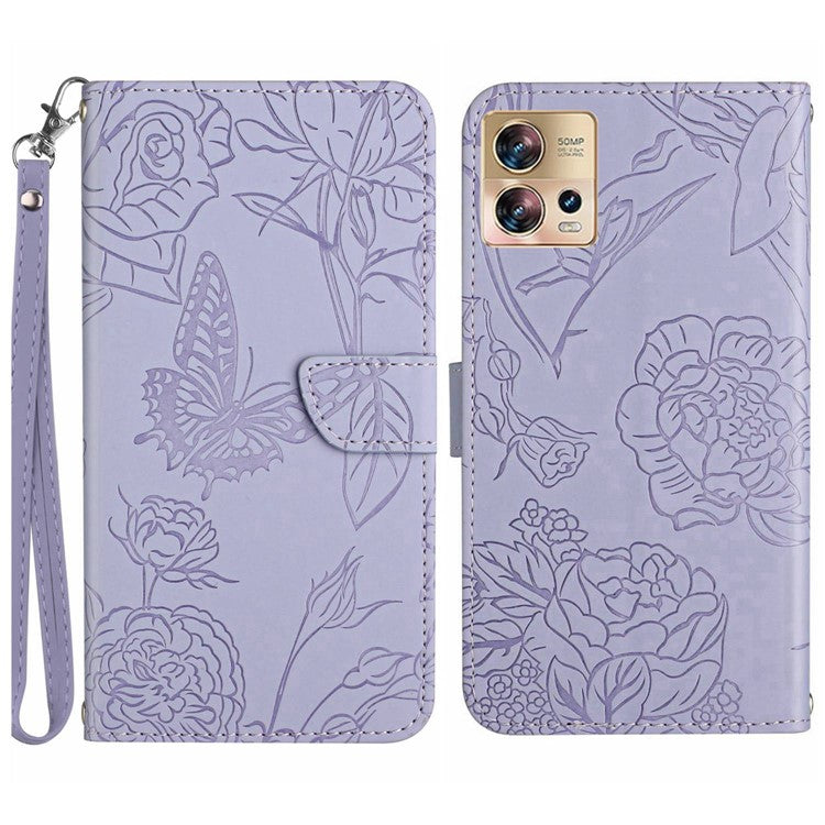 For Motorola Edge 30 Fusion 5G HT03 Skin-touch Stand Wallet Phone Case PU Leather Magnetic Closure Butterfly Flowers Imprinted   Cover with Strap - Light Purple
