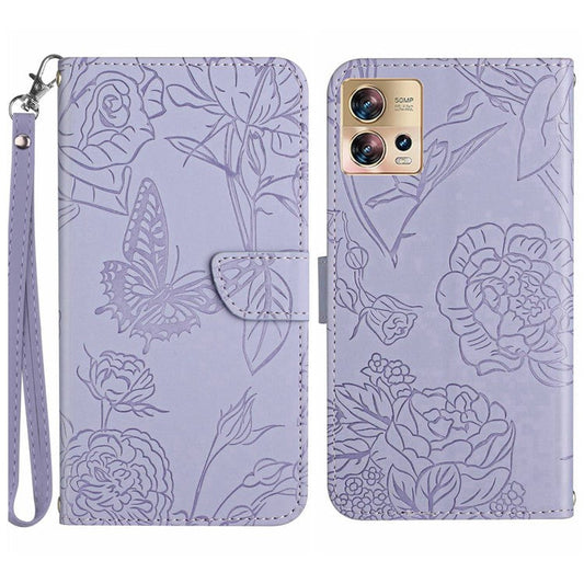 For Motorola Edge 30 Fusion 5G HT03 Skin-touch Stand Wallet Phone Case PU Leather Magnetic Closure Butterfly Flowers Imprinted   Cover with Strap - Light Purple