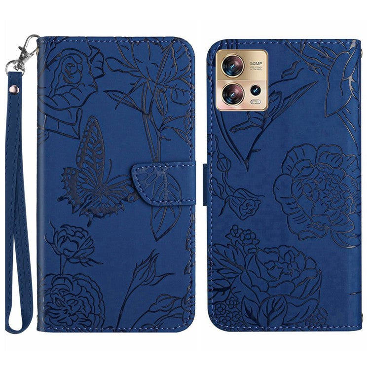 For Motorola Edge 30 Fusion 5G HT03 Skin-touch Stand Wallet Phone Case PU Leather Magnetic Closure Butterfly Flowers Imprinted   Cover with Strap - Blue
