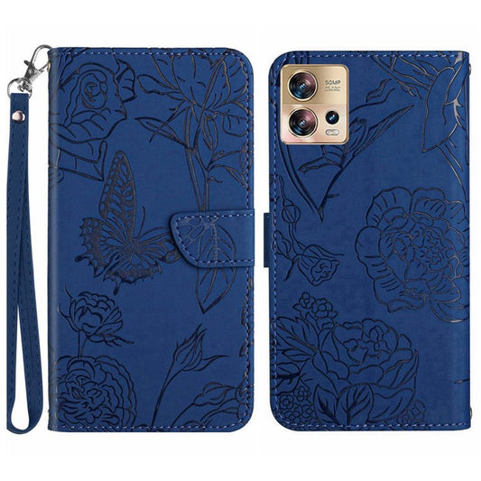 For Motorola Edge 30 Fusion 5G HT03 Skin-touch Stand Wallet Phone Case PU Leather Magnetic Closure Butterfly Flowers Imprinted   Cover with Strap - Blue
