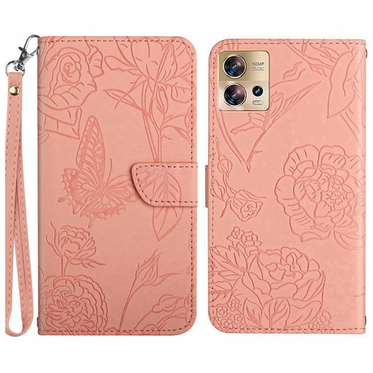 For Motorola Edge 30 Fusion 5G HT03 Skin-touch Stand Wallet Phone Case PU Leather Magnetic Closure Butterfly Flowers Imprinted   Cover with Strap - Pink