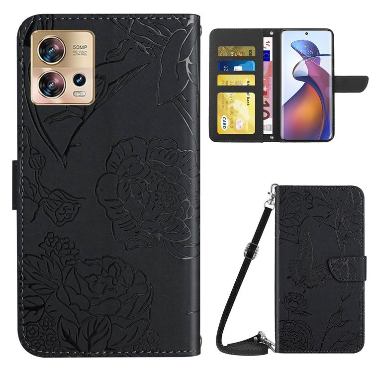 For Motorola Edge 30 Fusion 5G HT03 Imprinted Butterfly Flowers PU Leather Phone Cover Skin-Touch Stand Flip Wallet Case with Shoulder Strap - Black