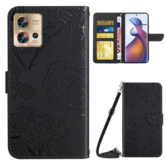For Motorola Edge 30 Fusion 5G HT03 Imprinted Butterfly Flowers PU Leather Phone Cover Skin-Touch Stand Flip Wallet Case with Shoulder Strap - Black