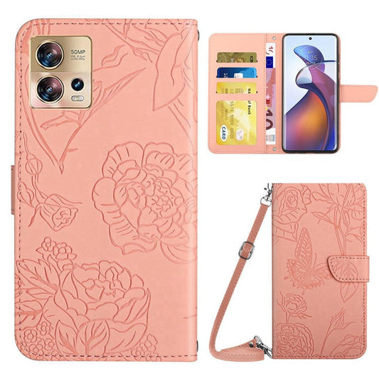 For Motorola Edge 30 Fusion 5G HT03 Imprinted Butterfly Flowers PU Leather Phone Cover Skin-Touch Stand Flip Wallet Case with Shoulder Strap - Pink