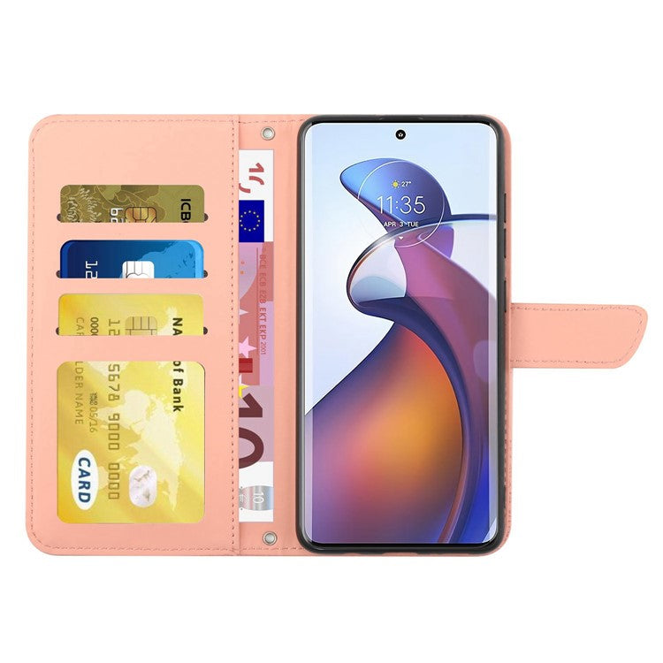 For Motorola Edge 30 Fusion 5G HT03 Imprinted Butterfly Flowers PU Leather Phone Cover Skin-Touch Stand Flip Wallet Case with Shoulder Strap - Pink