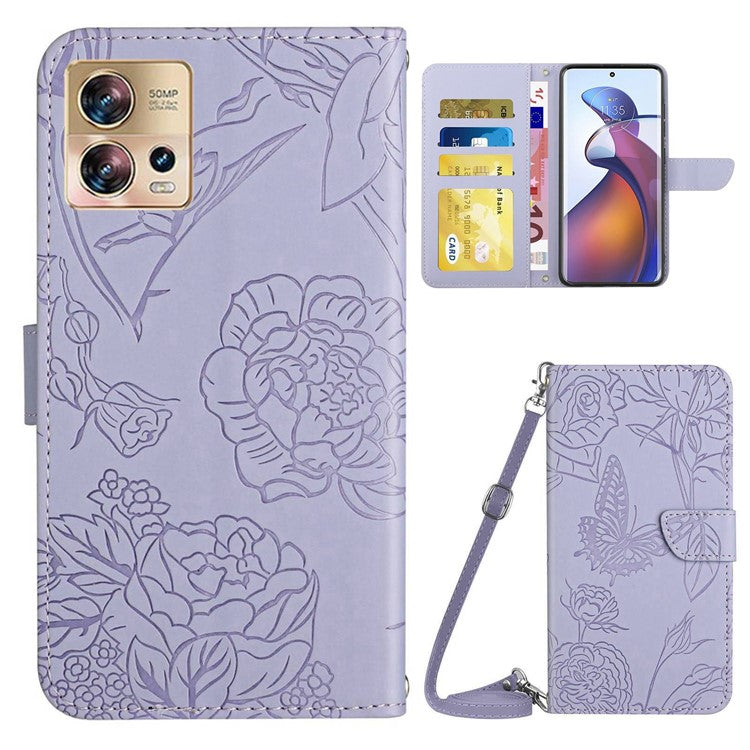 For Motorola Edge 30 Fusion 5G HT03 Imprinted Butterfly Flowers PU Leather Phone Cover Skin-Touch Stand Flip Wallet Case with Shoulder Strap - Light Purple