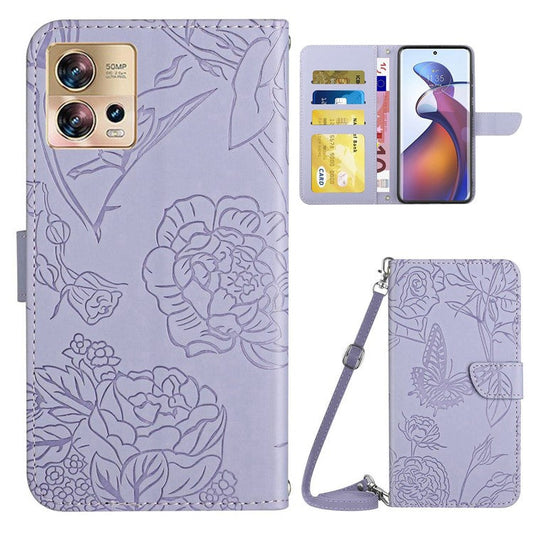 For Motorola Edge 30 Fusion 5G HT03 Imprinted Butterfly Flowers PU Leather Phone Cover Skin-Touch Stand Flip Wallet Case with Shoulder Strap - Light Purple