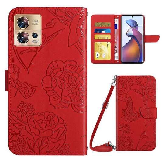 For Motorola Edge 30 Fusion 5G HT03 Imprinted Butterfly Flowers PU Leather Phone Cover Skin-Touch Stand Flip Wallet Case with Shoulder Strap - Red
