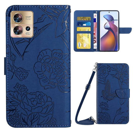 For Motorola Edge 30 Fusion 5G HT03 Imprinted Butterfly Flowers PU Leather Phone Cover Skin-Touch Stand Flip Wallet Case with Shoulder Strap - Blue