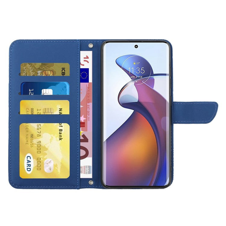 For Motorola Edge 30 Fusion 5G HT03 Imprinted Butterfly Flowers PU Leather Phone Cover Skin-Touch Stand Flip Wallet Case with Shoulder Strap - Blue