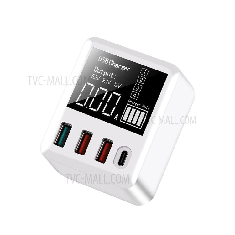 A9T+ USB+Type C 4-Port 40W Quick Charge Wall Adapter PD QC 3.0 Fast Charger with LCD Display - EU Plug