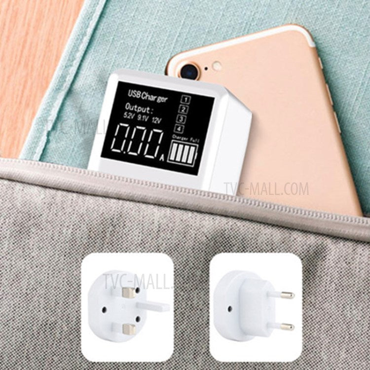 A9T+ USB+Type C 4-Port 40W Quick Charge Wall Adapter PD QC 3.0 Fast Charger with LCD Display - UK Plug